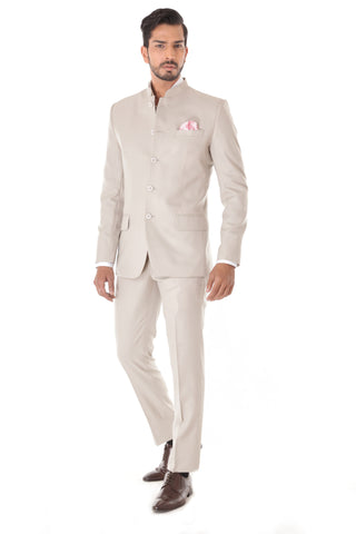 Classic Off white Bandhgala Suit with Pocket Square