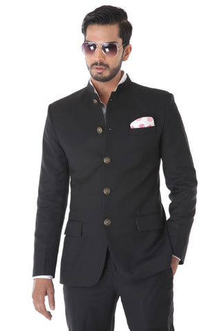 Classic Black Bandhgala Suit With Metal Button