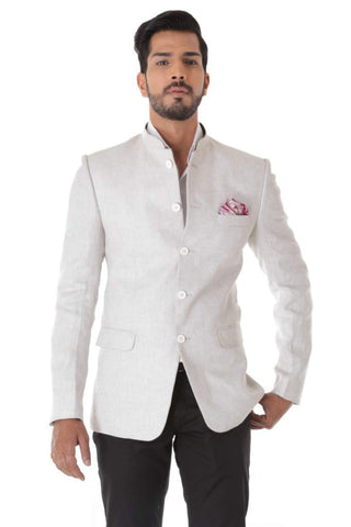 White Linen Bandhgala Jacket with Trouser & Pocket Square