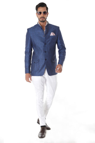 Blue Linen Bandhgala Jacket White Breeches