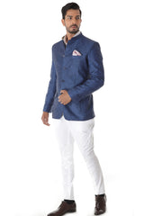 Blue Linen Bandhgala Jacket White Breeches
