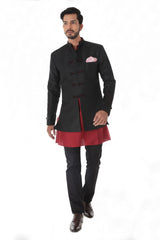Black Jacquard Linen Silk Bandhgala Jacket Set
