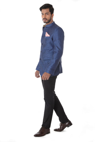 Blue Linen  Bandhgala Jacket With Flap Pocket