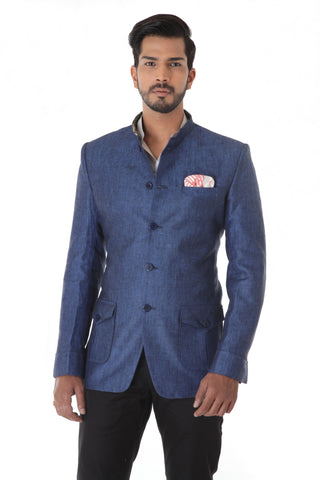 Blue Linen  Bandhgala Jacket With Flap Pocket