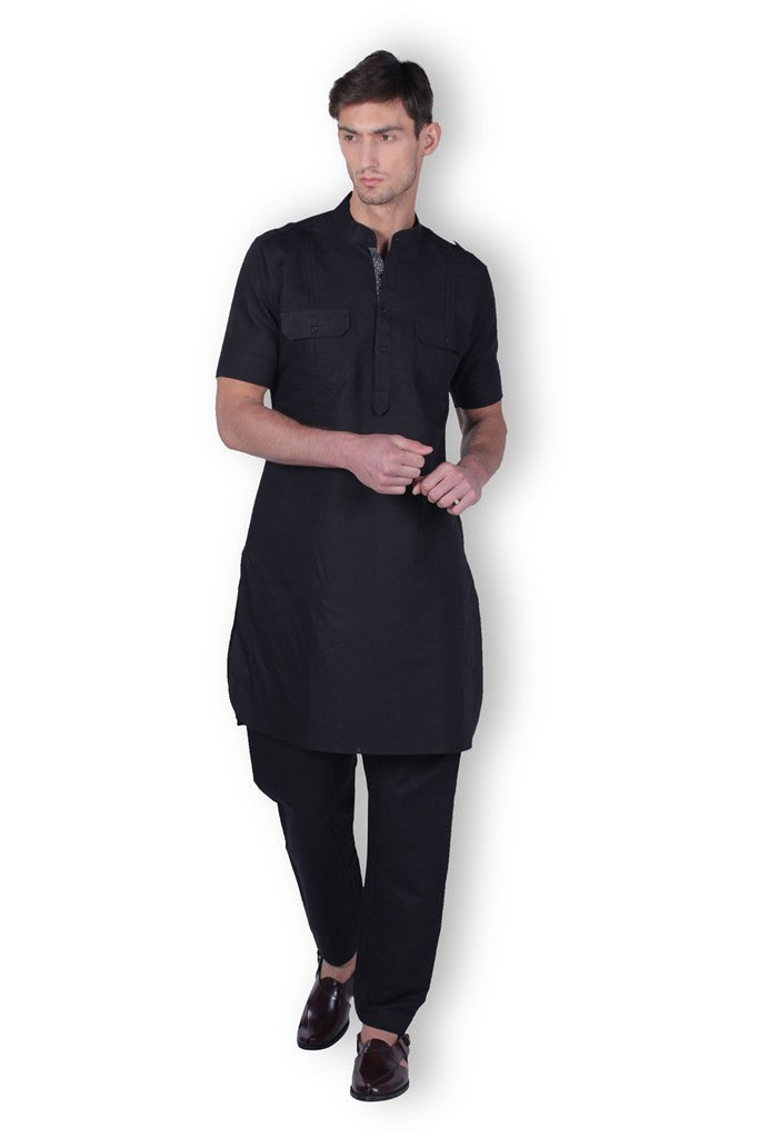Black solid cotton mens pathani suit - G3-MPS0700 | G3fashion.com